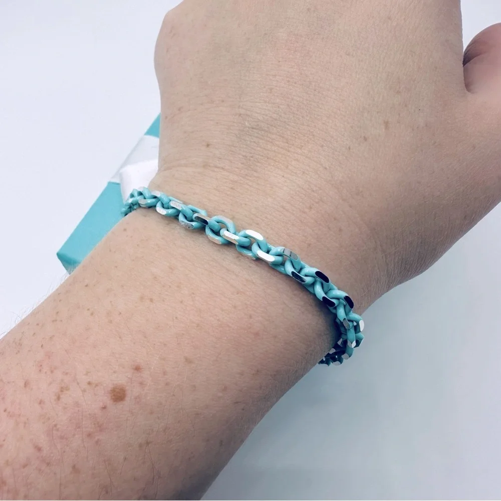 RARE Tiffany & Co. Blue Enamel Sparkle Chain Bracelet Sterling Silver with Case